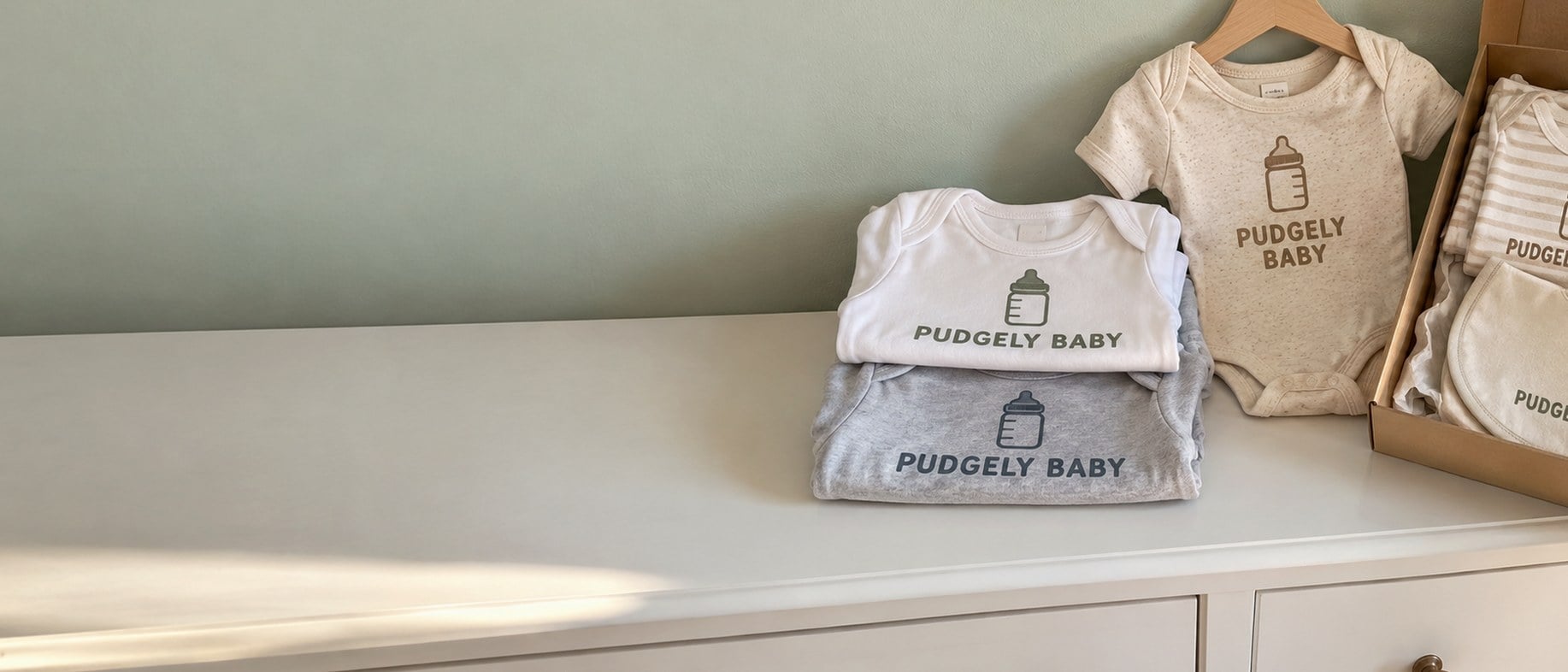 Custom printed baby onesies folded and on a tiny hanger on a white nursery dresser